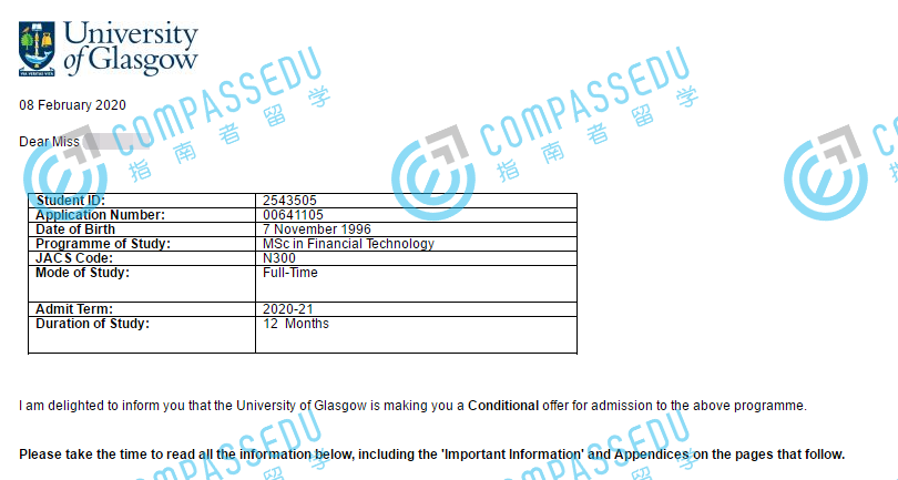 格拉斯哥大学金融科技理学硕士研究生offer一枚