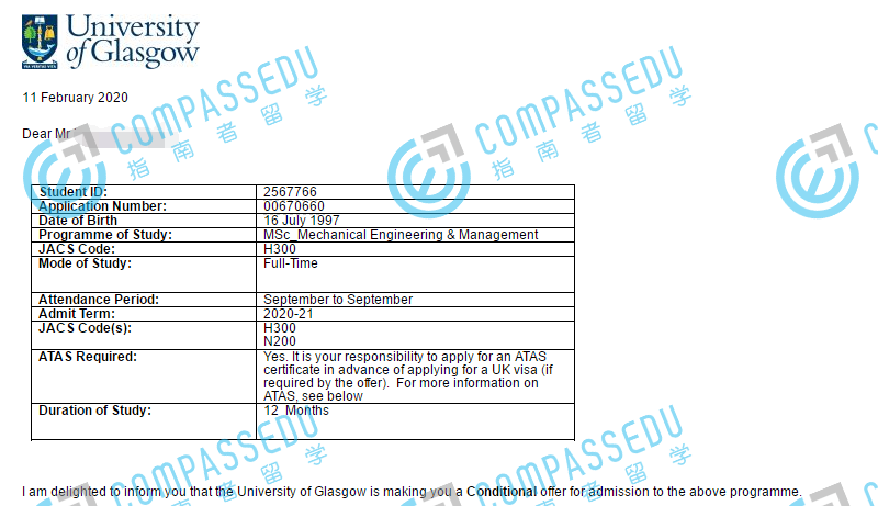 格拉斯哥大学机械工程与管理理学硕士研究生offer一枚