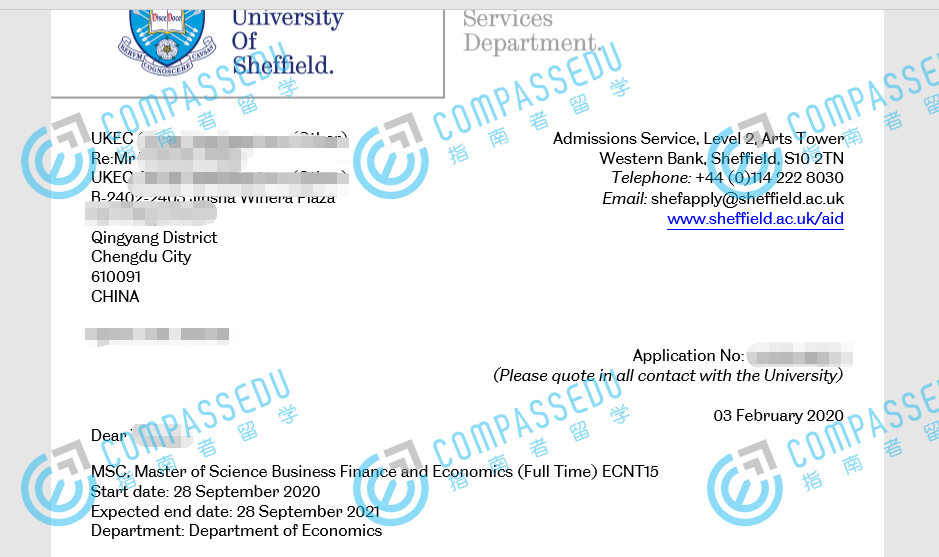 谢菲尔德大学商务金融与经济理学硕士研究生offer一枚