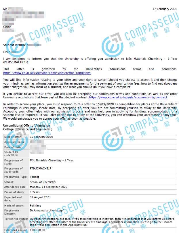 爱丁堡大学材料化学理学硕士研究生offer一枚