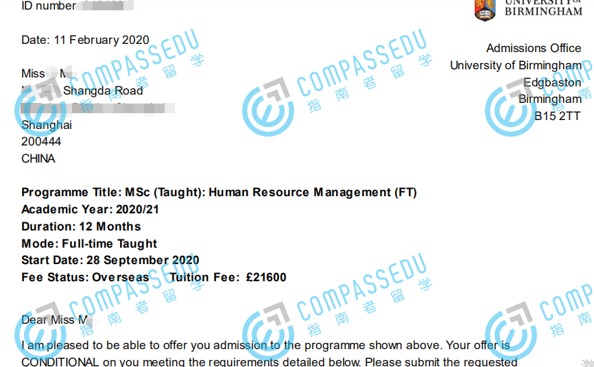伯明翰大学人力资源管理理学硕士研究生offer一枚