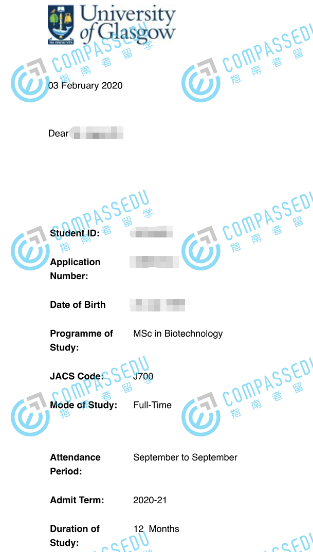 格拉斯哥大学生物技术理学硕士研究生offer一枚