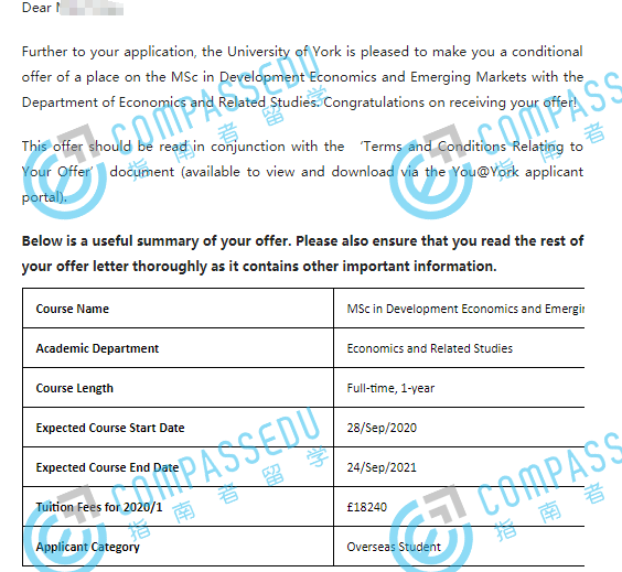 约克大学（英国）发展经济学与新兴市场理学硕士研究生offer一枚