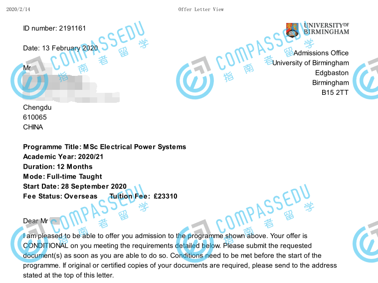 伯明翰大学电力系统理学硕士研究生offer一枚