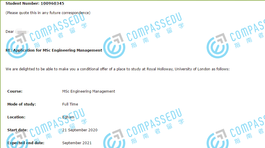 伦敦大学皇家霍洛威学院工程管理理学硕士研究生offer一枚