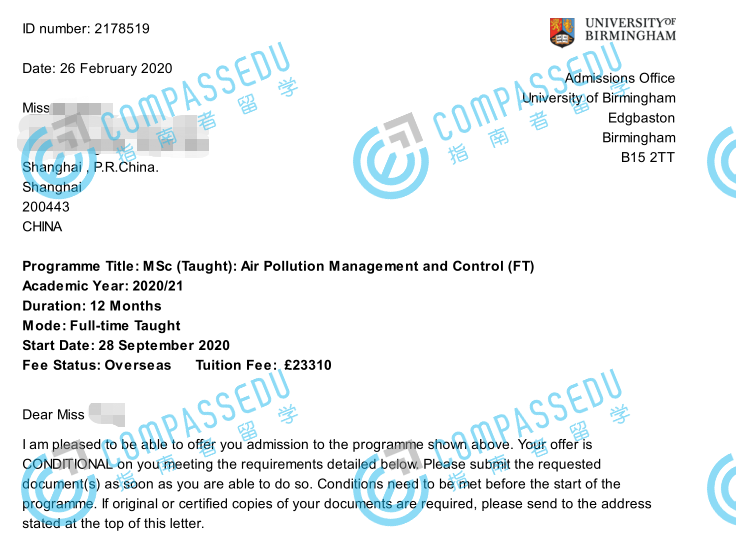 伯明翰大学大气污染管理与控制理学硕士研究生offer一枚