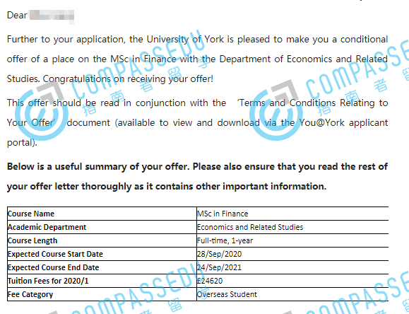 约克大学（英国）金融学理学硕士研究生offer一枚