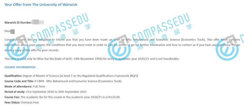 华威大学行为与经济科学（经济学）理学硕士研究生offer一枚