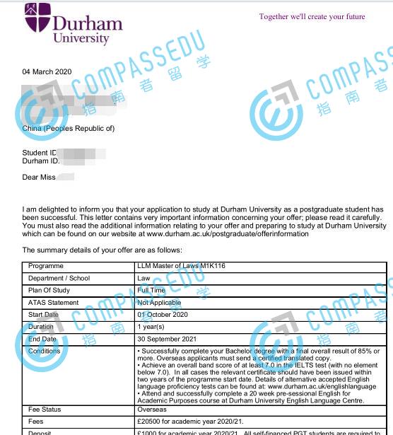 杜伦大学法学硕士研究生offer一枚