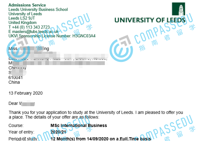 利兹大学国际商务理学硕士研究生offer一枚