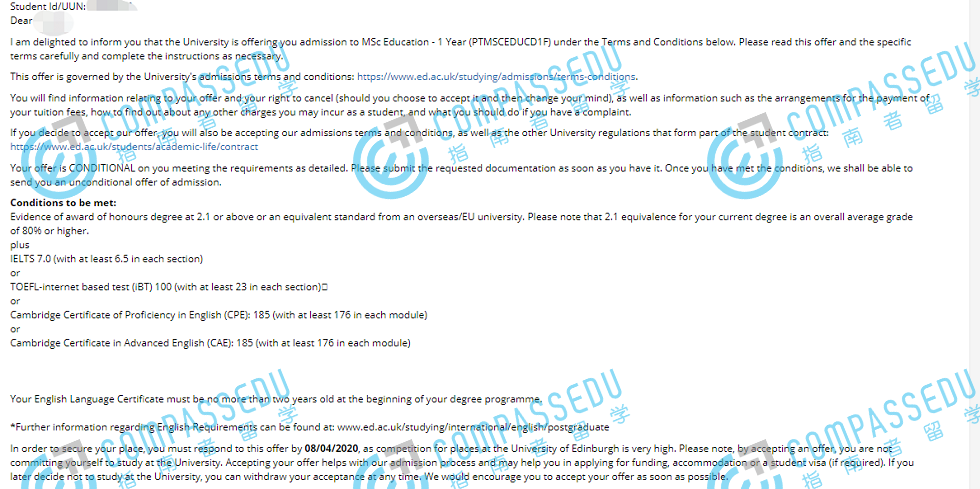 爱丁堡大学教育学理学硕士研究生offer一枚