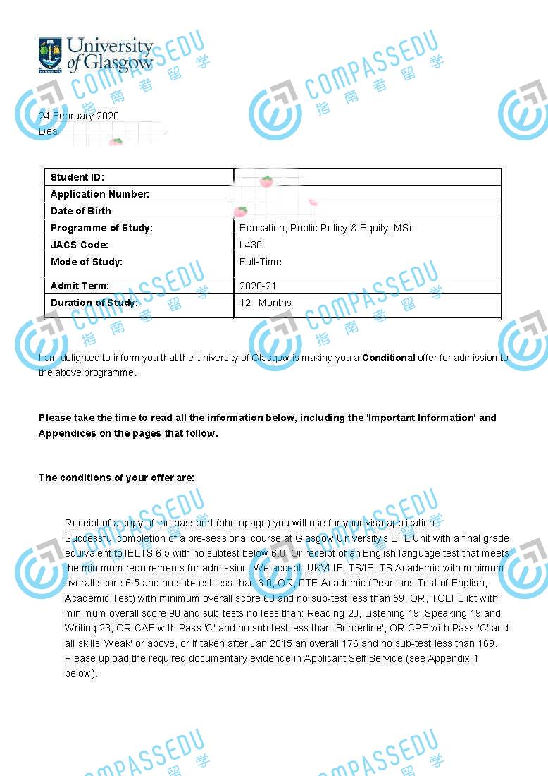 格拉斯哥大学教育、公共政策与公平理学硕士研究生offer一枚