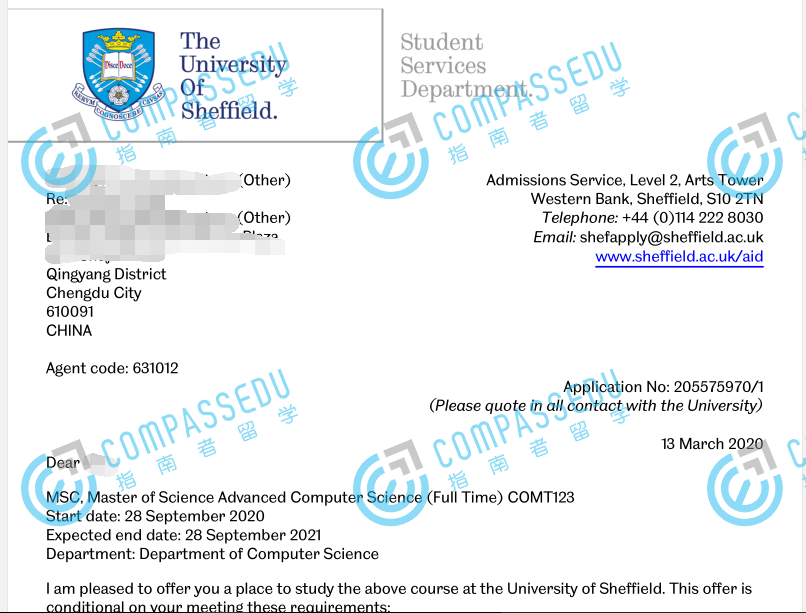 谢菲尔德大学高级计算机科学理学硕士研究生offer一枚