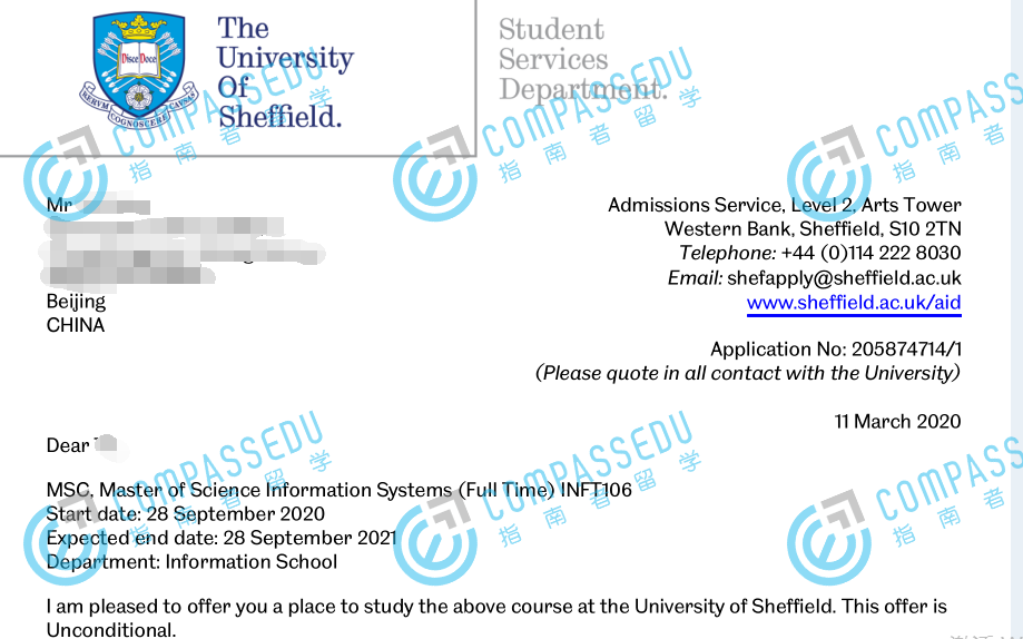 谢菲尔德大学信息系统理学硕士研究生offer一枚
