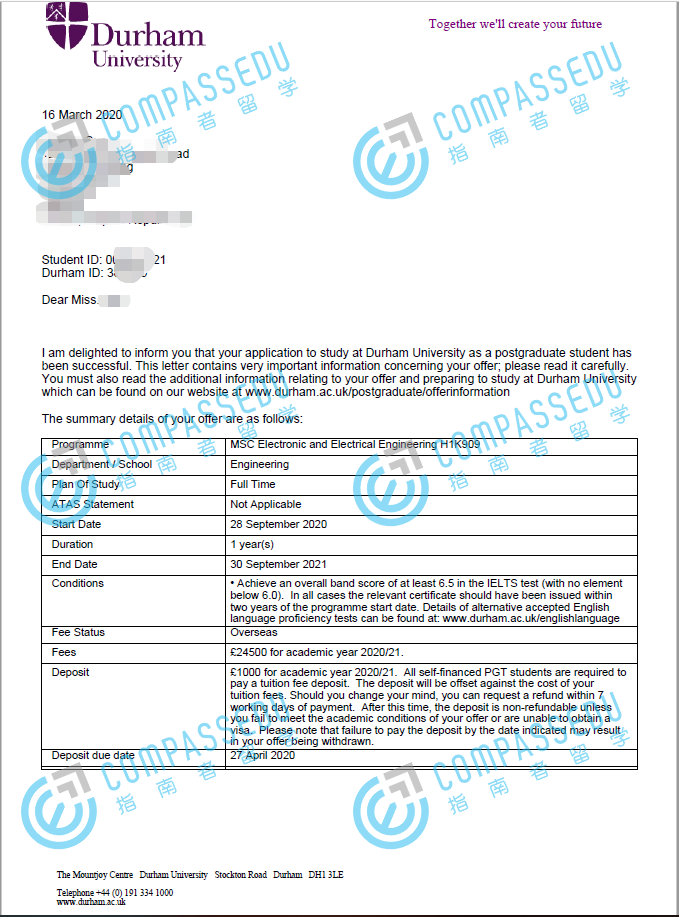 杜伦大学电气工程理学硕士研究生offer一枚