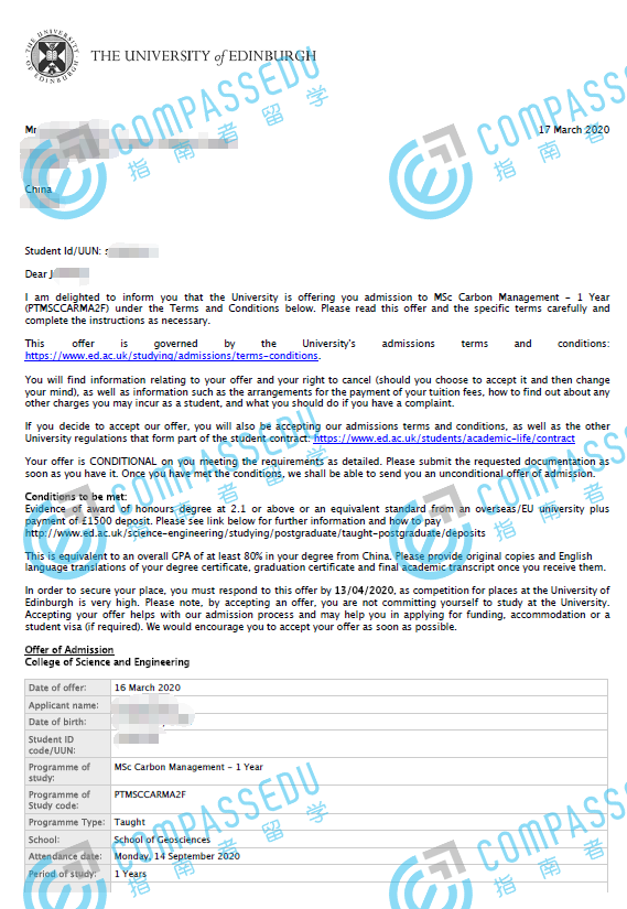 爱丁堡大学碳管理理学硕士研究生offer一枚