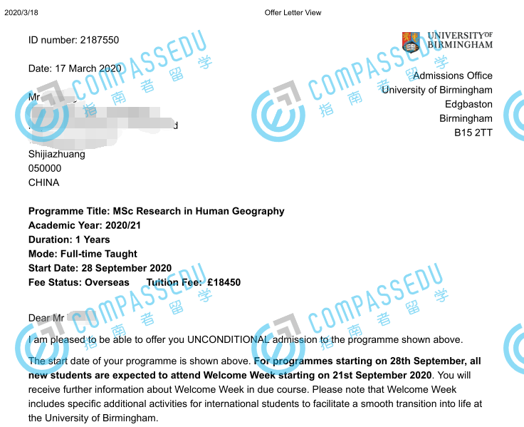 伯明翰大学人文地理研究理学硕士研究生offer一枚