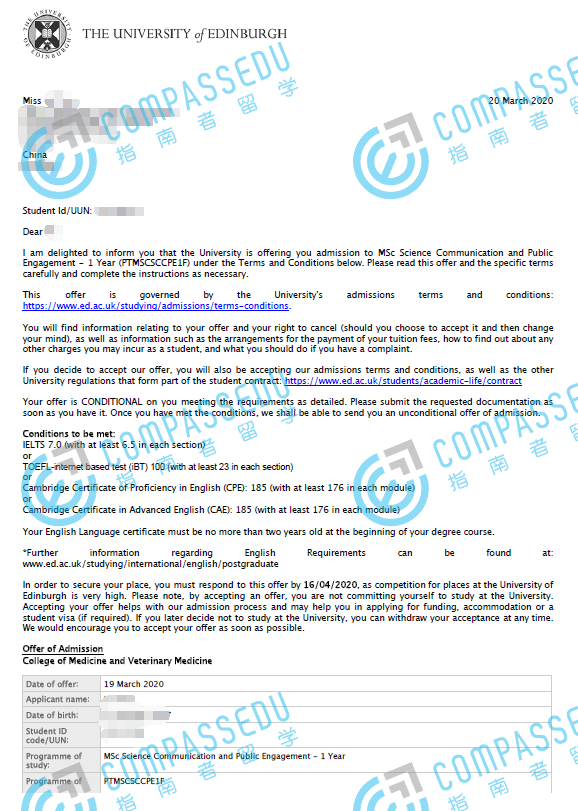 爱丁堡大学科学传播与公众参与理学硕士研究生offer一枚