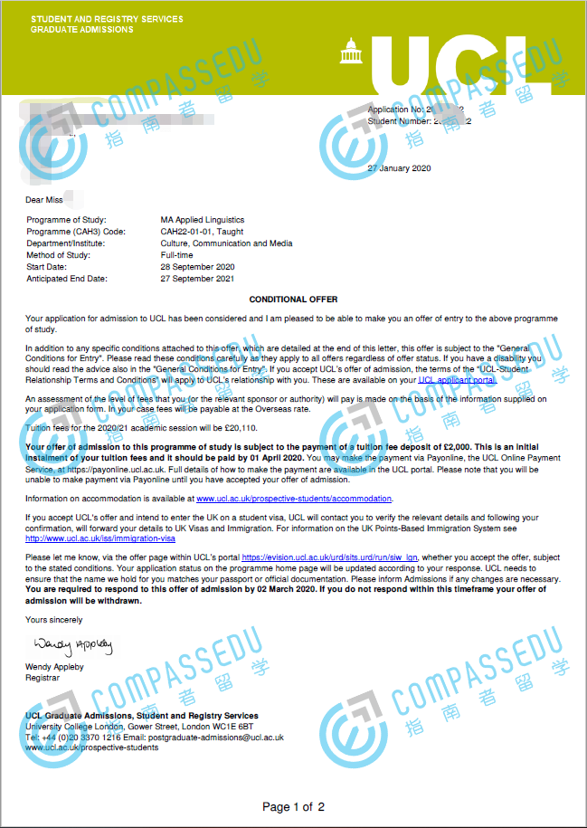 伦敦大学学院应用语言学文学硕士研究生offer一枚