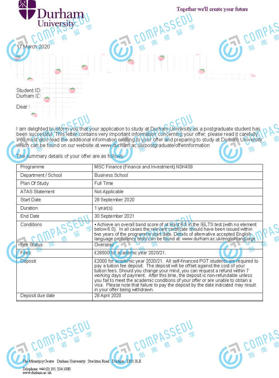 杜伦大学金融学（金融与投资）理学硕士研究生offer一枚