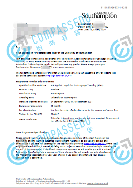 南安普顿大学语言教学应用语言学文学硕士研究生offer一枚