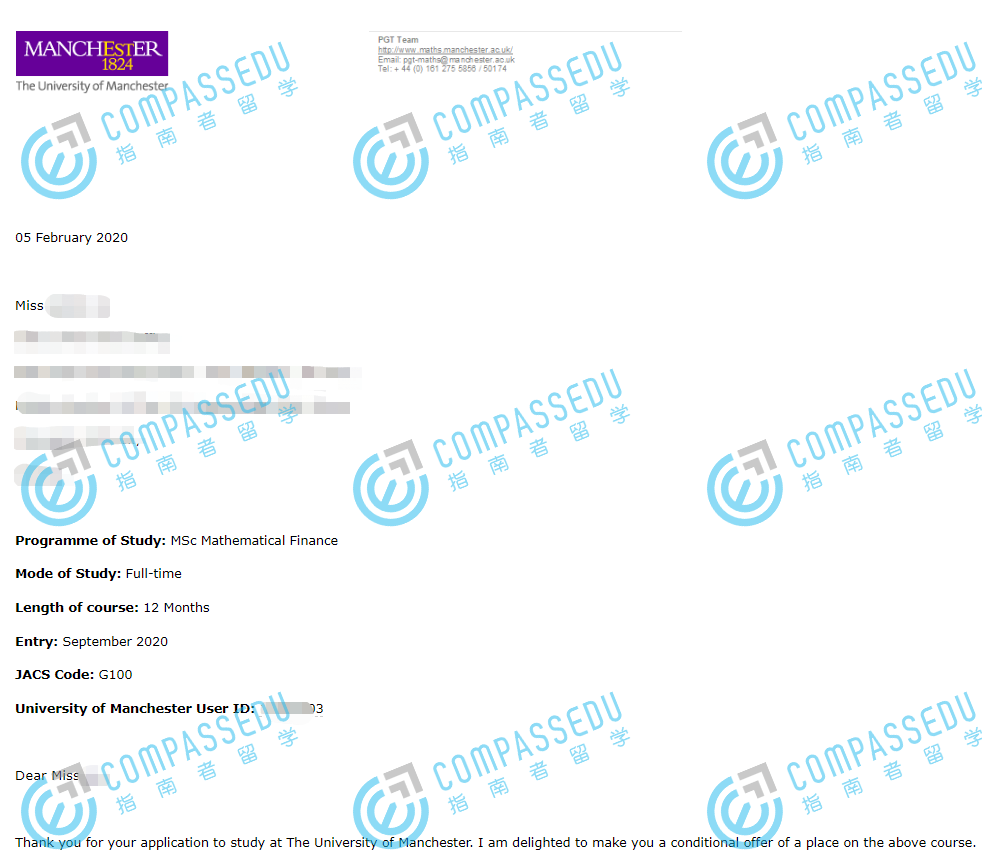 曼彻斯特大学数学金融理学硕士研究生offer一枚