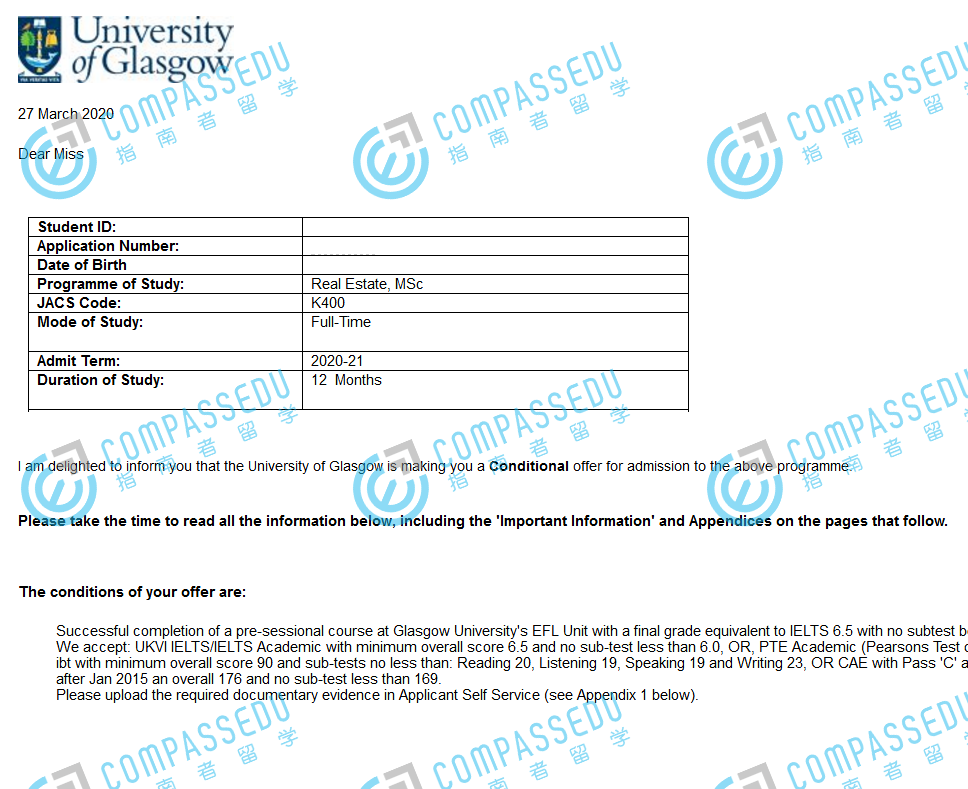 格拉斯哥大学房地产理学硕士研究生offer一枚