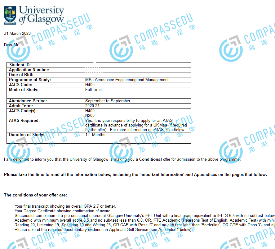 格拉斯哥大学航空航天工程与管理理学硕士研究生offer一枚