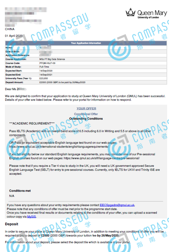 伦敦大学玛丽皇后学院大数据科学理学硕士研究生offer一枚