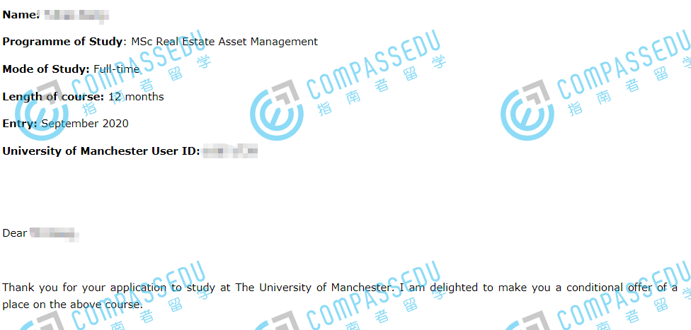 曼彻斯特大学房地产资产管理理学硕士研究生offer一枚