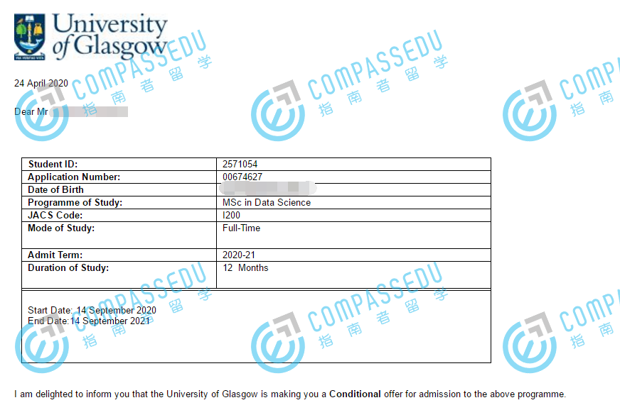 格拉斯哥大学数据科学理学硕士研究生offer一枚