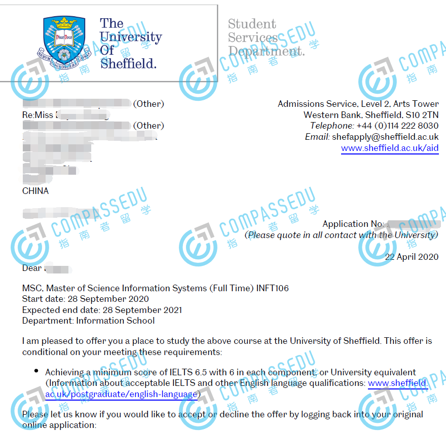 谢菲尔德大学信息系统理学硕士研究生offer一枚