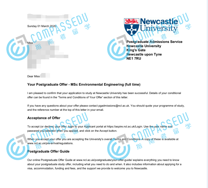 纽卡斯尔大学（英国）环境工程理学硕士研究生offer一枚