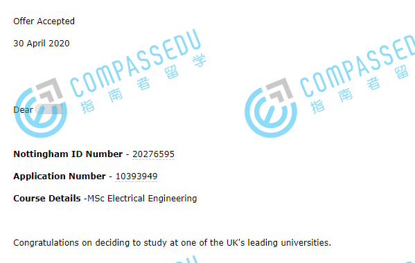 诺丁汉大学电气工程理学硕士研究生offer一枚