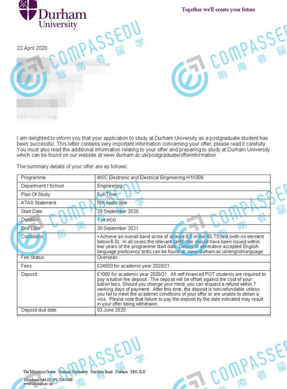 杜伦大学电气工程理学硕士研究生offer一枚