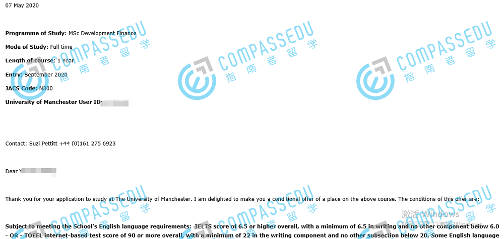 曼彻斯特大学发展金融学理学硕士研究生offer一枚