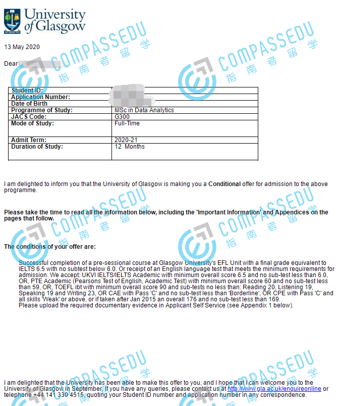 格拉斯哥大学数据分析理学硕士研究生offer一枚