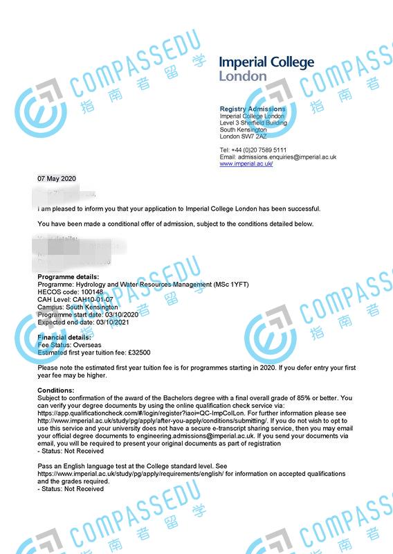 帝国理工学院水文学与水资源管理理学硕士研究生offer一枚