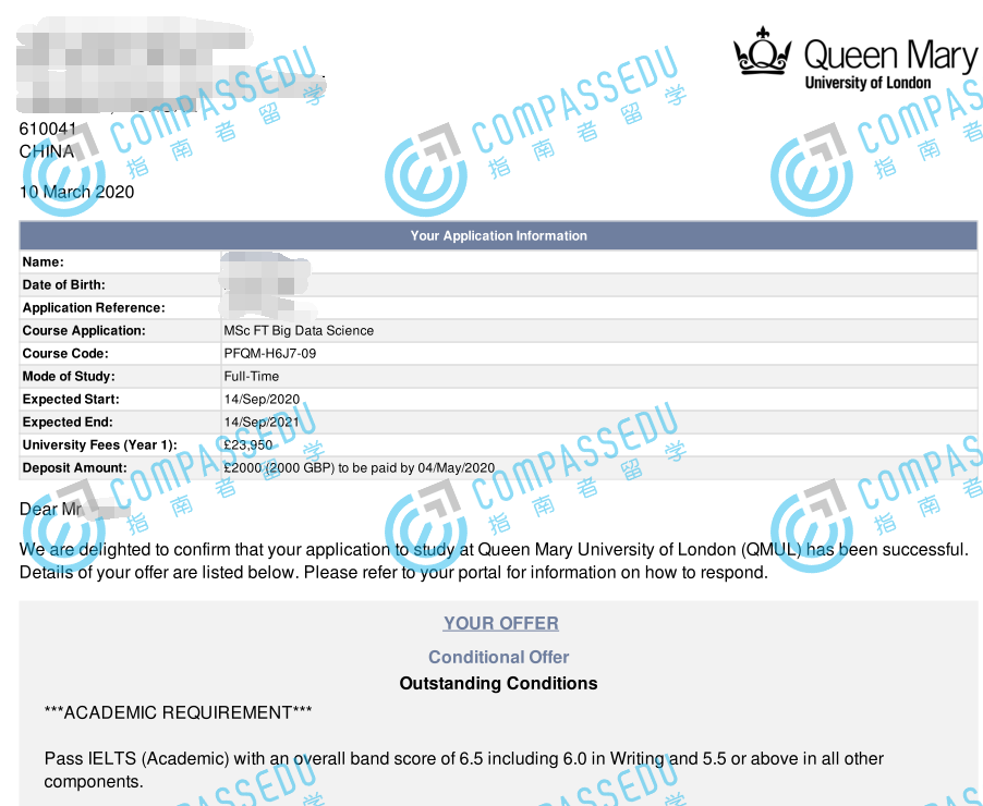 伦敦大学玛丽皇后学院大数据科学理学硕士研究生offer一枚