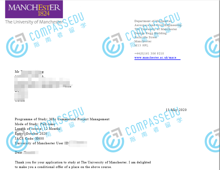 曼彻斯特大学商业项目管理理学硕士研究生offer一枚