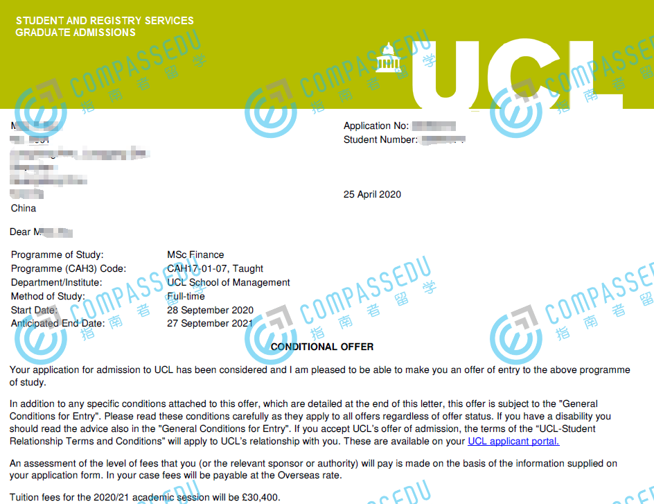 伦敦大学学院金融学理学硕士研究生offer一枚