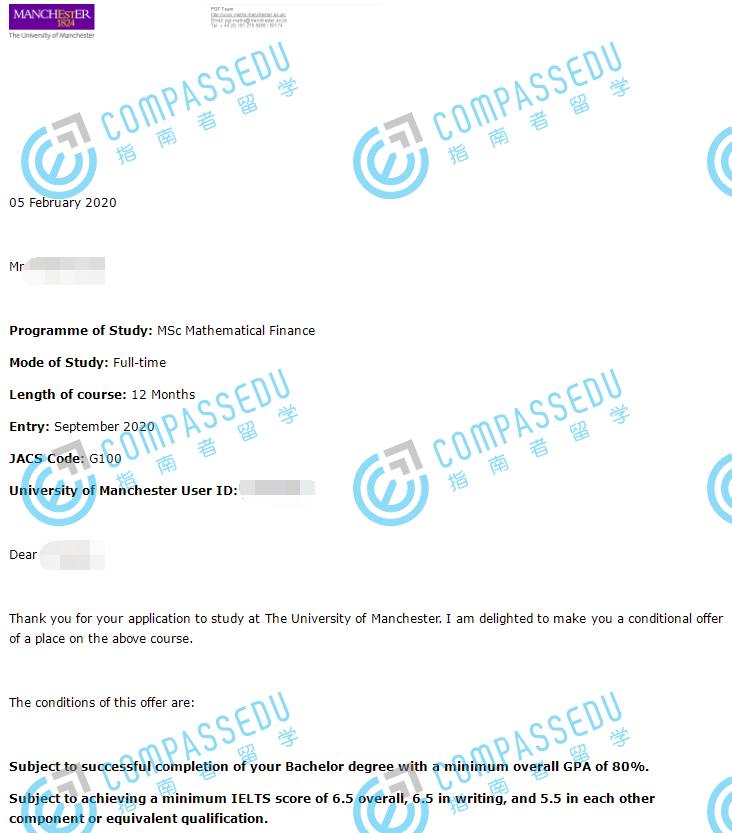 曼彻斯特大学数学金融理学硕士研究生offer一枚