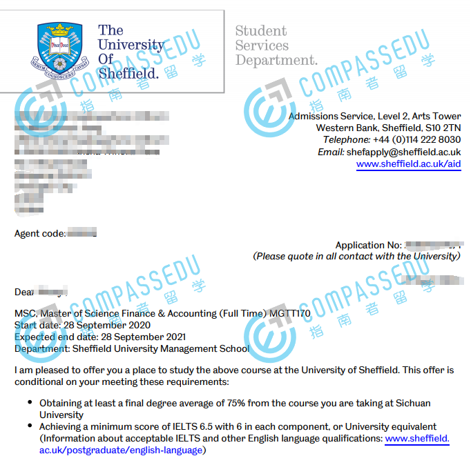谢菲尔德大学金融与会计理学硕士研究生offer一枚