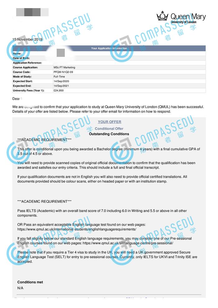 伦敦大学玛丽皇后学院市场营销理学硕士研究生offer一枚