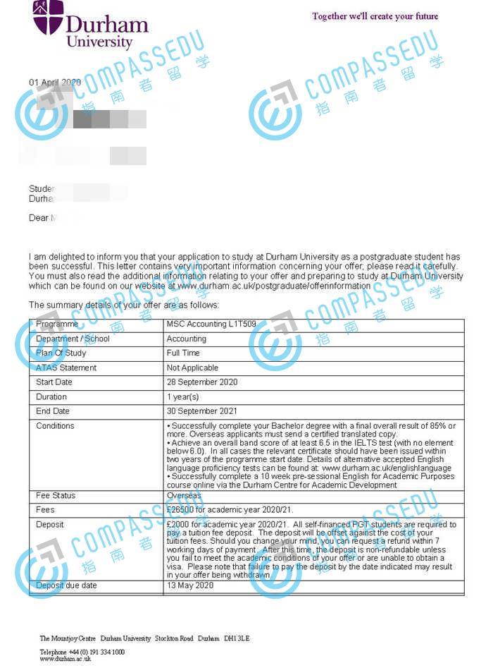 杜伦大学会计学理学硕士研究生offer一枚