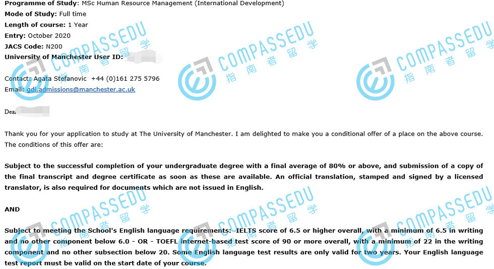 曼彻斯特大学人力资源管理（国际发展）理学硕士研究生offer一枚