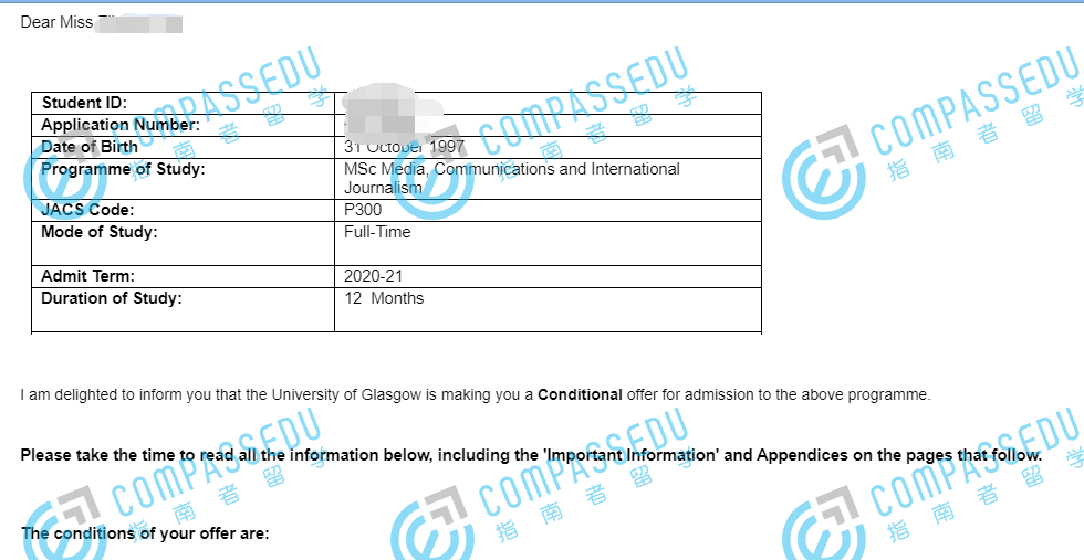 格拉斯哥大学媒体、传播与国际新闻理学硕士研究生offer一枚
