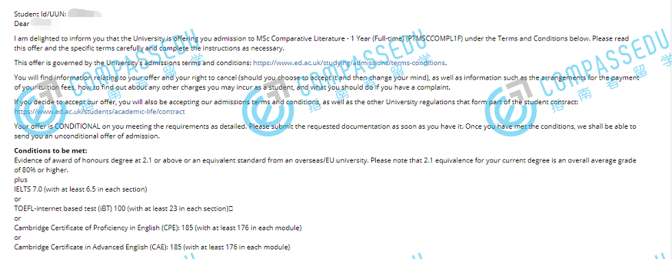 爱丁堡大学比较文学理学硕士研究生offer一枚