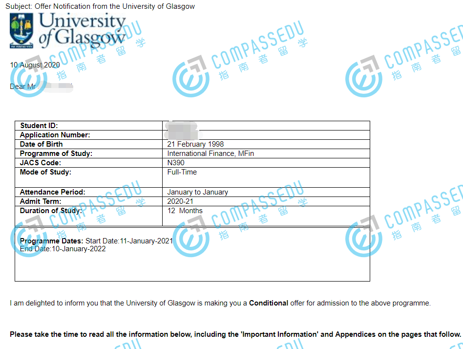 格拉斯哥大学国际金融金融学硕士研究生offer一枚