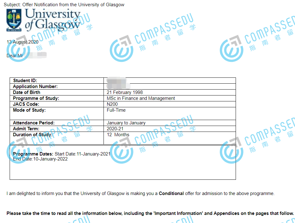 格拉斯哥大学金融与管理理学硕士研究生offer一枚